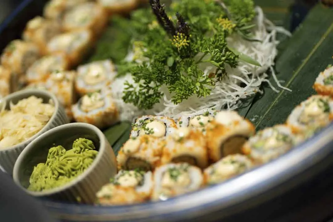 The evening’s food selection · Above the island